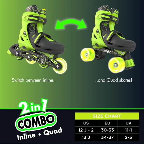 Vista 6 de Yvolution Patines combinados de neón, patines 2-1 cuádruple y en línea para niños con ruedas LED, tamaño ajustable (verde, 3 a 6)