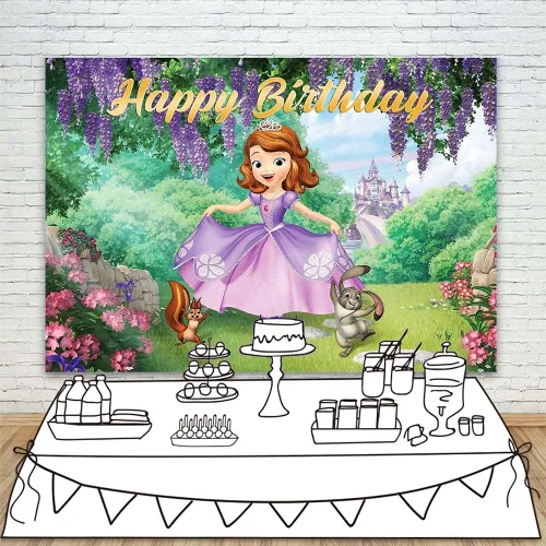 Vista 2 de Youran Sofia - Telón de fondo romántico con temática de primer cumpleaños, princesa morada, Forst Wonderland Animals Sofía, para el primer