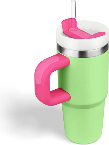 Vista 25 de Vaso de 14 oz con asa y pajita, vaso de 14 oz para niños con tapa y pajita, vasos de acero inoxidable para niños, para deportes al aire libre