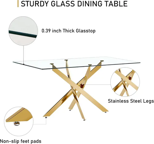 Vista 5 de Juego de mesa de comedor de cristal para 4, moderno juego de mesa de comedor de 51 pulgadas para 4, mesa de cristal dorada en forma de X con 4 Gris