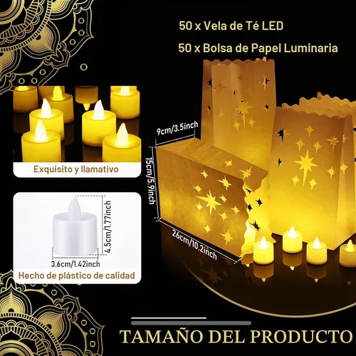 Vista 5 de Sabary Juego de 50 bolsas luminarias con velas de té sin llama, luminarias de Navidad, farol LED, bolsas para velas para cumpleaños, bodas