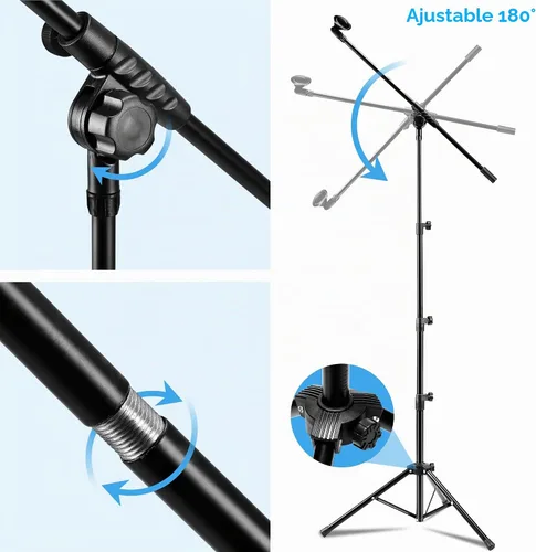 Vista 6 de Paquete de 2 soportes para micrófono, soporte de micrófono trípode Bietrun con altura de boom ajustable, con bolsa de transporte y clips