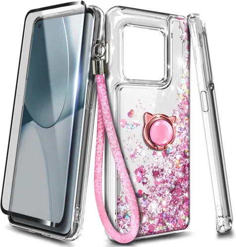 Vista 6 de NZND Funda para OnePlus 10 Pro 5G con protector de pantalla de vidrio templado (cobertura máxima), soporte de anillo/correa de muñeca, cascada