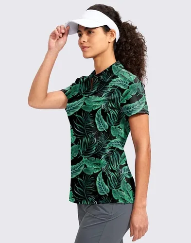 Vista 3 de Viodia Camisa de golf para mujer, manga corta, con cremallera, de secado rápido, elástica, con cuello de tenis, ropa de golf