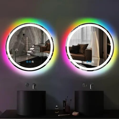 Vista 7 de Espejo de baño LED redondo de 20 pulgadas, montado en la pared, luces delanteras (3 colores) y retroiluminación RGB, antivaho, luz inteligente
