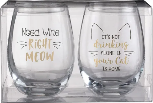 Vista 3 de Lillian Rose 2 copas de vino para amantes de los gatos con frases divertidas