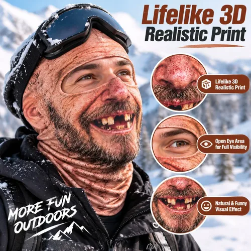 Vista 3 de Máscara de esquí de anciano, divertida y realista, con estampado 3D, para invierno, con cobertura del cuello, diseño envolvente, ajuste cómodo
