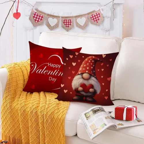 Vista 3 de YeeJu Juego de 4 fundas de almohada de 12 x 12 pulgadas con diseño de gnomo de corazón rojo con texto en inglés «Happy Valentines Day», fundas