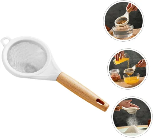 Vista 6 de Tamiz de harina de malla fina con mango de madera, pequeño tamiz de acero inoxidable para hornear azúcar en polvo, sal de cacao, filtro de cocina