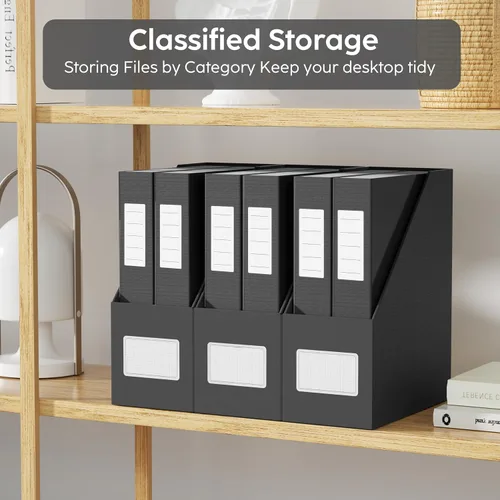 Vista 2 de JiaWei - Portarevistas negros, 3 paquetes de resistente estante de cartón, caja de archivo de organización de escritorio para estantes y escritorio
