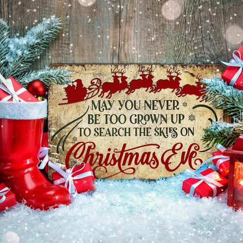 Vista 5 de Letreros de Navidad de Metal Vintage de Lata, May You Never to Too Grown Up to Search The Skies Christmas Eve 8x12 Pulgadas Arte Rústico de Pared
