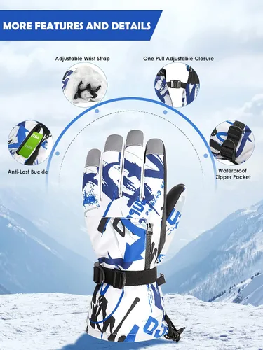 Vista 3 de Azue Guantes de invierno para mujer, guantes de nieve para niños y niñas, guantes de esquí con bolsillo con cremallera, resistentes al viento