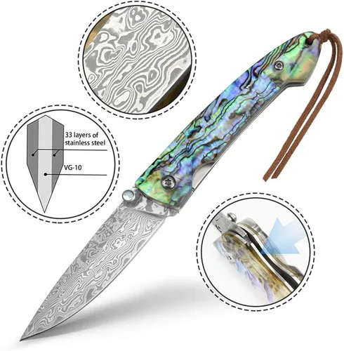 Vista 4 de Cuchillo de bolsillo NedFoss, cuchillo de bolsillo de Damasco con mango de concha de abalón, cuchillo plegable de acero Damasco forjado hecho a mano