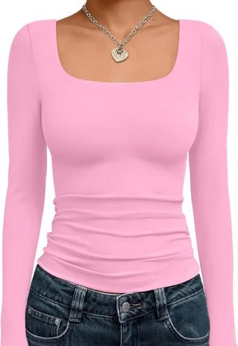 Vista 33 de Trendy Queen - Camisas ombligueras para mujer, manga larga, cuello cuadrado, básicas, para salir, de invierno, Y2K Albaricoque
