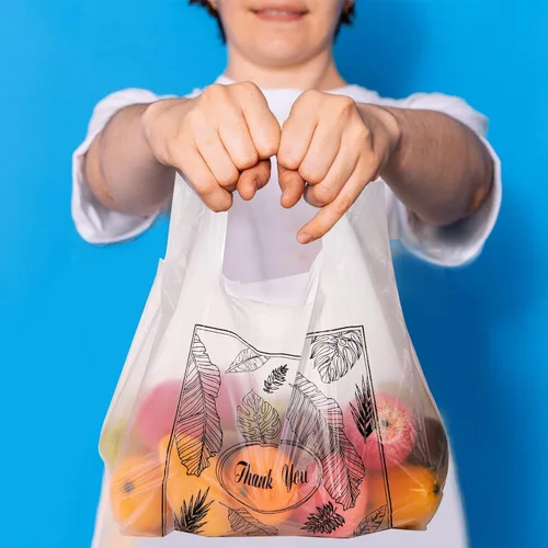 Vista 2 de Yesland Paquete de 500 bolsas de plástico con asas, bolsas de plástico transparente de agradecimiento para compras, 13 x 7 x 21 pulgadas