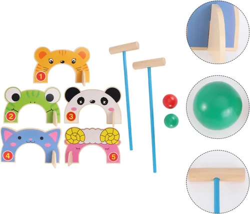 Vista 8 de TOYANDONA Juego de croquet para niños, juego de croquet de animales de madera de dibujos animados con mazos de madera de croquet, juego familiar