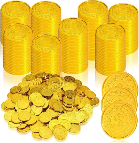 Vista 9 de Hanaive 600 monedas de oro pirata, monedas de juguete de tesoro de plástico, monedas falsas de San Patricio, doblón para regalos de fiesta pirata