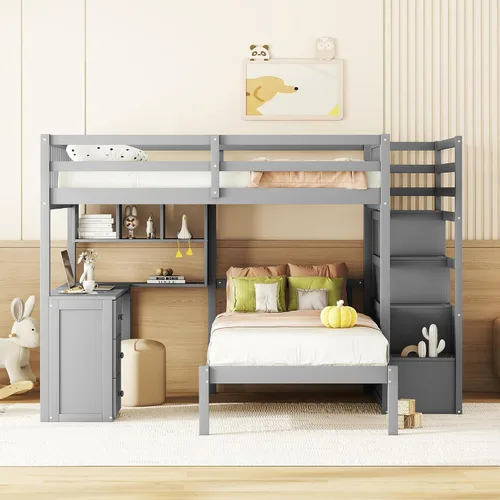 Vista 3 de RUNNA Litera matrimonial sobre individual con escritorio, cajones y escaleras, litera de madera maciza para niños, niñas, adolescentes y adultos