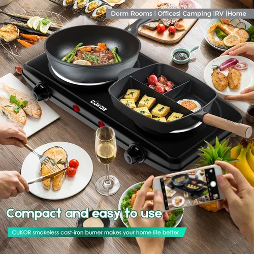Vista 7 de CUKOR - Quemador de encimera doble de hierro fundido, quemador de encimera de 1800W, quemadores eléctricos dobles, quemador eléctrico portátil