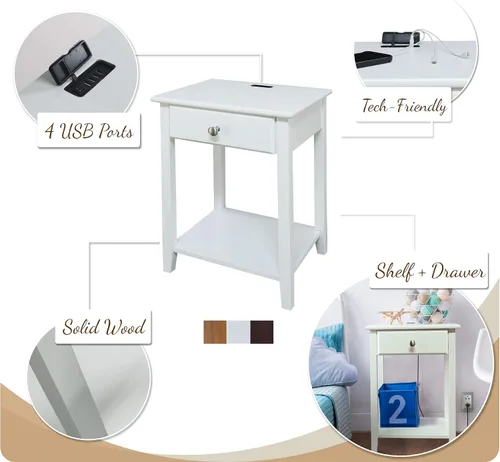 Vista 5 de Casual Home Owl - Mesa de noche blanca con puerto USB