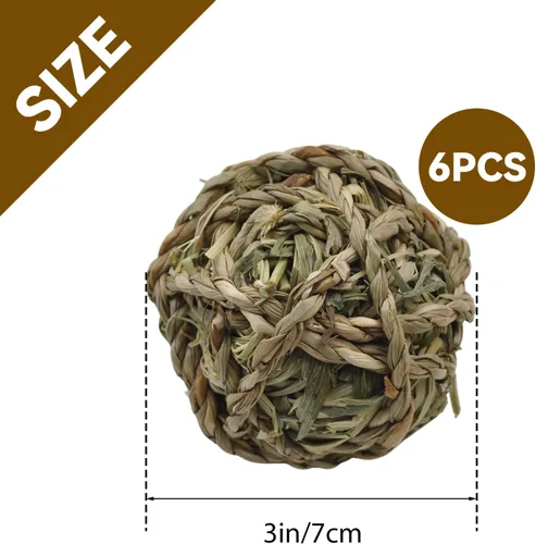 Vista 2 de Pelota de hierba de conejo Timothy 6 piezas, bola de hierba natural de conejito Timothy tejida a mano, juguetes para masticar, animales pequeños