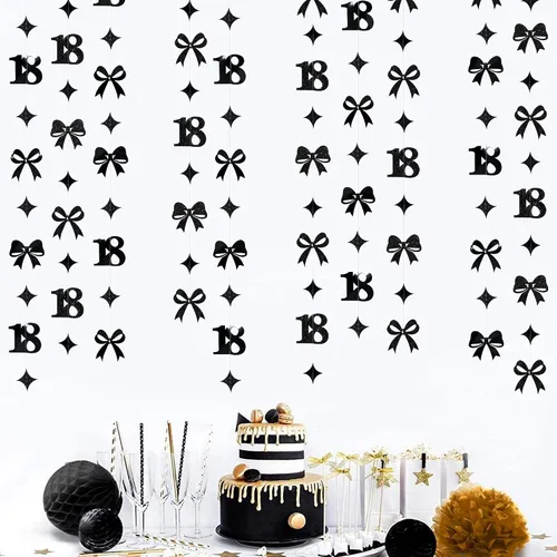 Vista 7 de Decoración de cumpleaños número 18 en negro, número 18 con punto circular, guirnalda de estrellas centelleantes, banderines de serpentina metálica