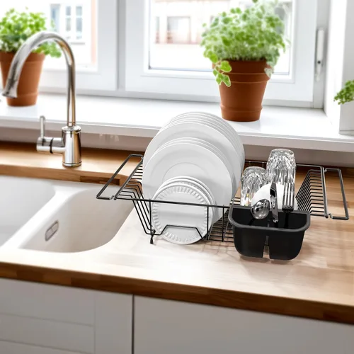 Vista 3 de Simple Houseware - Escurridor de platos grande de acero inoxidable sobre el fregadero, color negro