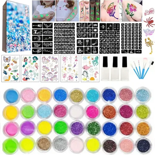Vista 5 de Kit de tatuajes temporales con purpurina para niños, 24 purpurina corporal, 2 pegamento, 5 pinceles, 187 plantillas, kit de maquillaje de Halloween