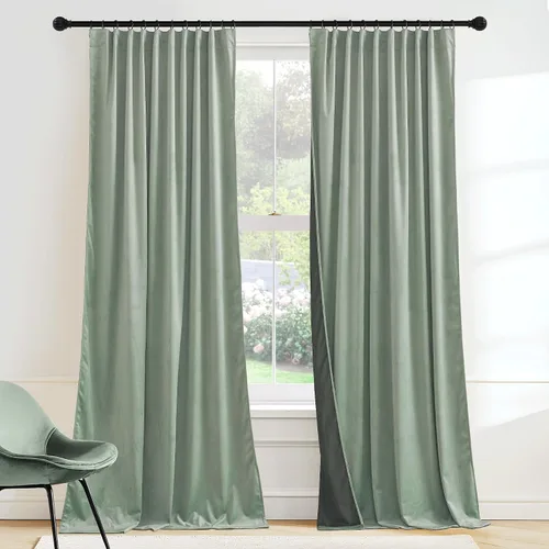 Vista 20 de RYB HOME Cortinas elegantes de terciopelo verde de 63 pulgadas de largo, bloqueo de luz, aislamiento térmico, elegantes cortinas de terciopelo