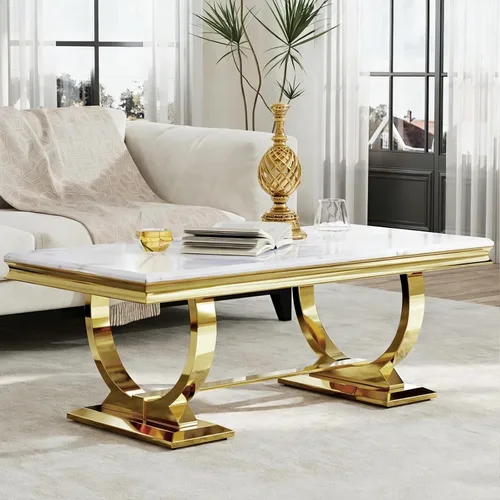 Vista 7 de Asday Mesa de centro dorada y blanca, mesa de centro rectangular de mármol dorado, mesa central elegante de lujo para sala de estar, pasillo