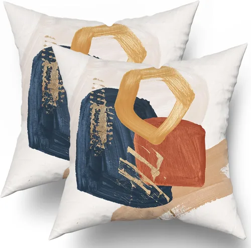 Vista 13 de Juego de 2 fundas de almohada bohemias de 16 x 16 pulgadas, color azul marino y naranja, modernas, con estampado geométrico abstracto