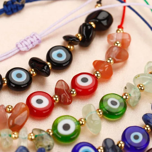 Vista 3 de Pulsera de cuentas de cristal de mal de ojo irregular, hecha a mano, ajustable, multicolor, multicolor, cuerda de cuerda inspiradora, amuleto