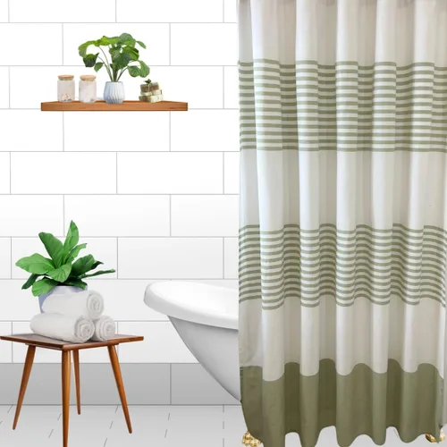 Vista 10 de Serafina Home Cortina de ducha de tela blanca y negra a rayas náuticas: hotel de lujo 100% algodón con tejido decorativo detallado para baño 70 "x