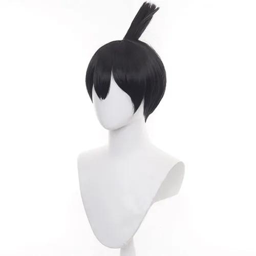 Vista 3 de Lwiuentx Peluca negra de anime Cosplay Hayakawa Aki con cola de caballo para hombres y mujeres, fiesta de Halloween + gorra de peluca gratis