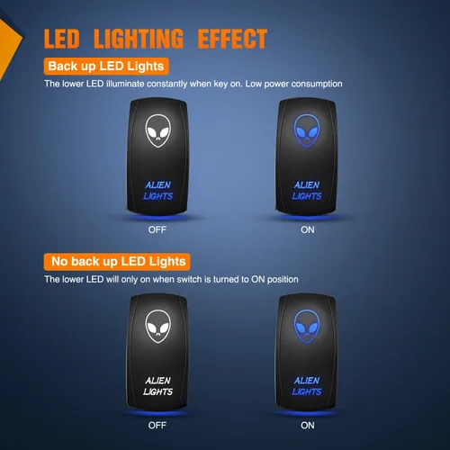 Vista 3 de Nilight Alien Lights interruptor basculante con barra de luz LED de 5 pines; láser de encendido/apagado; interruptores SPST 20 A/12 V, 10 A/24 V
