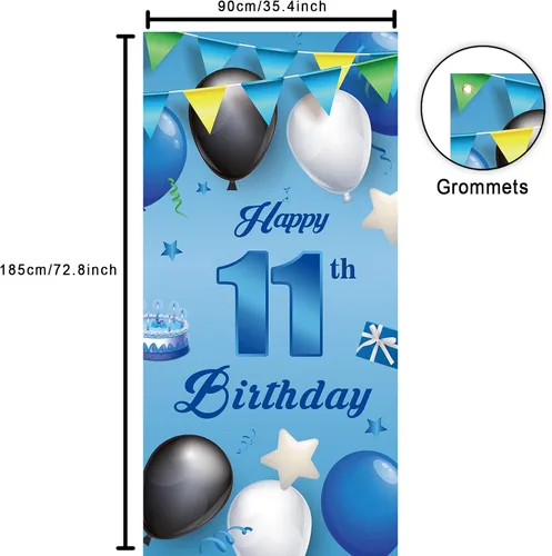 Vista 2 de Cartel azul de feliz cumpleaños número 11, globos de fondo de estrellas, confeti y saludos a los 11 años, decoración temática de puerta, porche