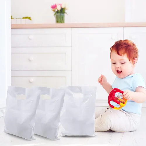 Vista 5 de 40 bolsas de regalo de plástico blanco para dulces, bolsas de plástico troqueladas para cumpleaños, baby shower, boda, fiesta