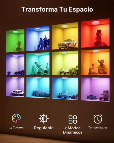 Vista 2 de GOODEA Paquete de 6 luces de disco RGB recargables con control remoto, luces de disco con sensor de movimiento de 13 colores, luz adhesiva