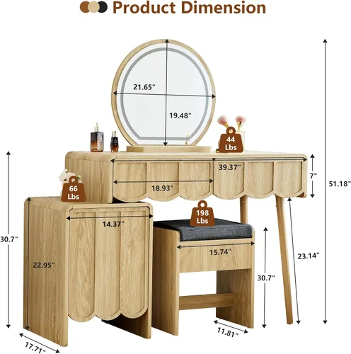 Vista 2 de Escritorio de tocador con espejo y luces, juego de escritorio de tocador moderno de panel de madera ondulada, mesa de maquillaje con cajones