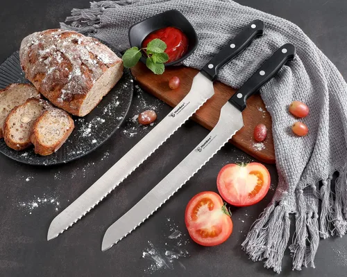 Vista 5 de Cuchillo de pan dentado de 10 pulgadas, hoja de acero inoxidable de alta calidad con borde ondulado, mango de espiga completa, afilado para pan