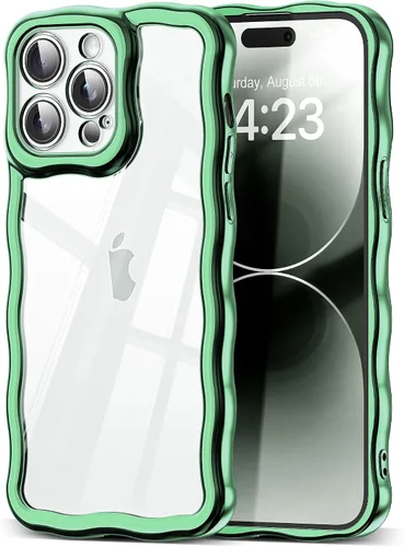 Vista 108 de SKYLMW Funda compatible con iPhone 12 Pro, diseño de ondas rizadas kawaii, borde chapado de lujo, elegante parte trasera transparente brillante, TPU
