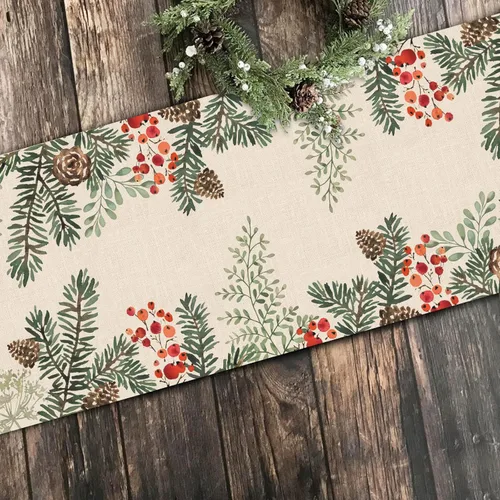 Vista 3 de Seliem Camino de Mesa de Rama de Aguja de Piña de Pino de Invierno con Bayas, Bufanda de Mesa Botánica de Acuarela, Decoración de Plantas para Hogar
