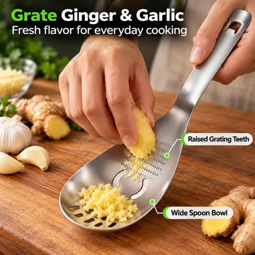 Vista 2 de 5-in-1 Stainless Steel Cooking Spoon, Multifunctional Home Kitchen Tool with Garlic and Ginger Grater, Egg Separator, Pasta Scoop, Soup Strainer and