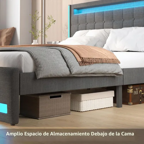 Vista 6 de Marco de cama Queen con cabecero, marco de cama LED tapizado, sin somier Base de cama tapizada tamaño queen con estación de carga tipo C y USB