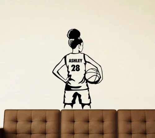Vista 2 de Calcomanía de vinilo personalizada de baloncesto para niña, nombre y número personalizados, arte de pared de jugador de baloncesto, etiqueta