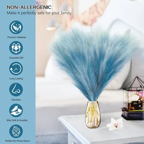 Vista 3 de KALYLOC 8 plantas artificiales de hierba de pampa sintética azul 17.7 Inch, Boho Decor, Colorful, Elegant, Trendy, Non-Shedding, No Maintenance