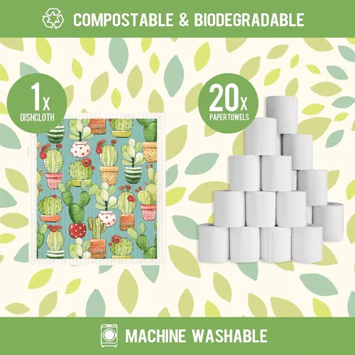 Vista 3 de Juego de 6 paños de cocina suecos de cactus reutilizables compostables, paños de cocina de esponja de celulosa