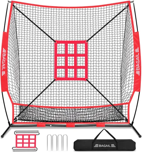 Vista 9 de BAGAIL 7x7 ft Baseball Softball Practice Net Sturdy Bow Frame, Heavy-Duty Mesh for Strong Hits, Including 2 Strike Zones, Carry Bag, Ground