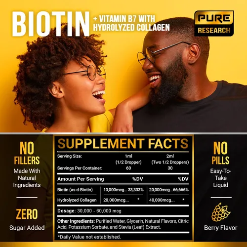 Vista 4 de Gotas líquidas de biotina y colágeno para el crecimiento del cabello, 60,000mcg - Suplemento de biotina y colágeno líquido para hombres y mujeres