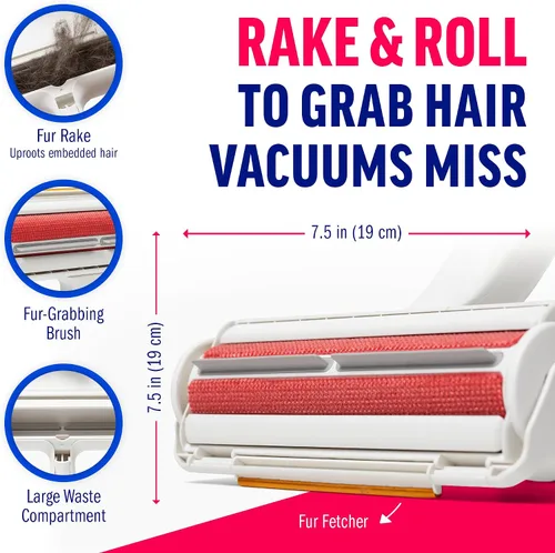 Vista 2 de ChomChom Roller & Rake - Rodillo reutilizable para depilación de mascotas con accesorio de rastrillo para piel de gato y perro en muebles, sofá